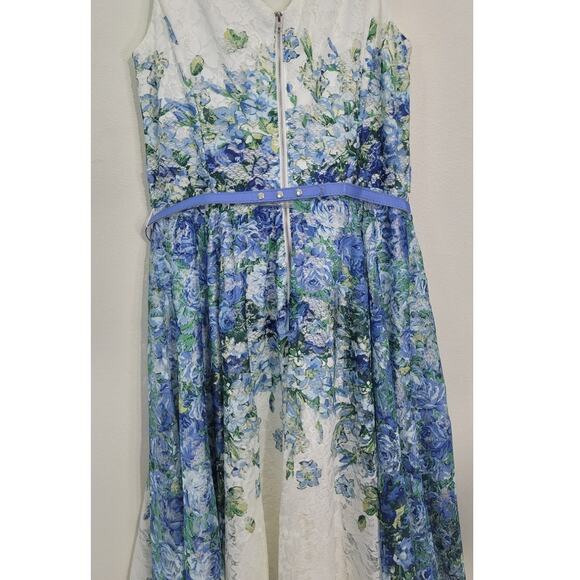 Danny and Nicole Dress Womens 12 Sleeveless Floral Lace Blue/White Belted Dress - Picture 7 of 16